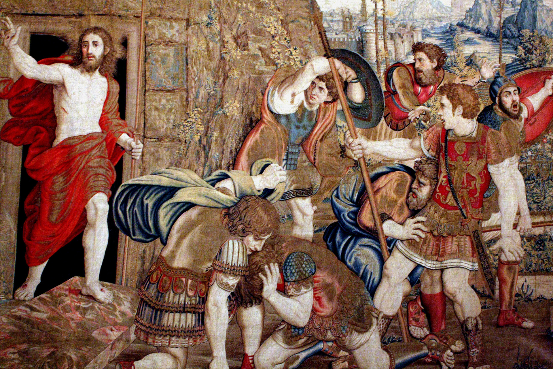 Renaissance tapestry of the Resurrection, with Roman soldiers recoiling and a spear raised among them