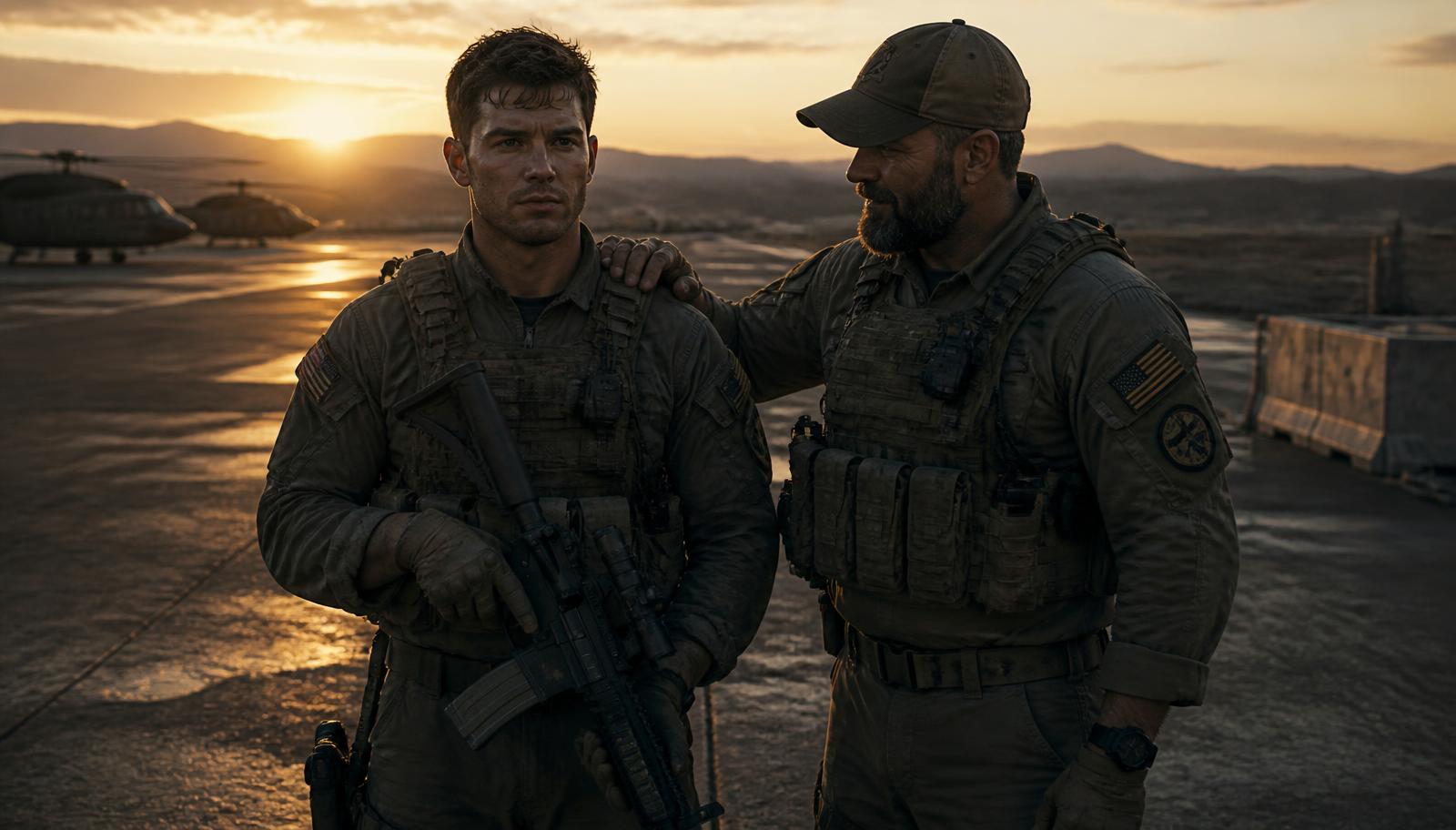 A young soldier at the threshold of his first battle, steadied by a senior soldier-mentor at dawn
